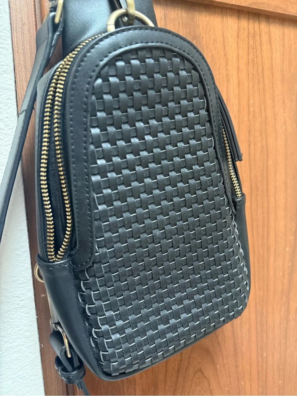 Anthropologie Urban Originals Black Woven Leather Sling Bag